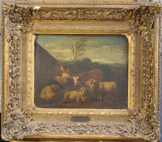 Follower of Jacob Van Der Dos (1623-1673) Virgin and child with a calf and sheep 8.5 x 10.5in.